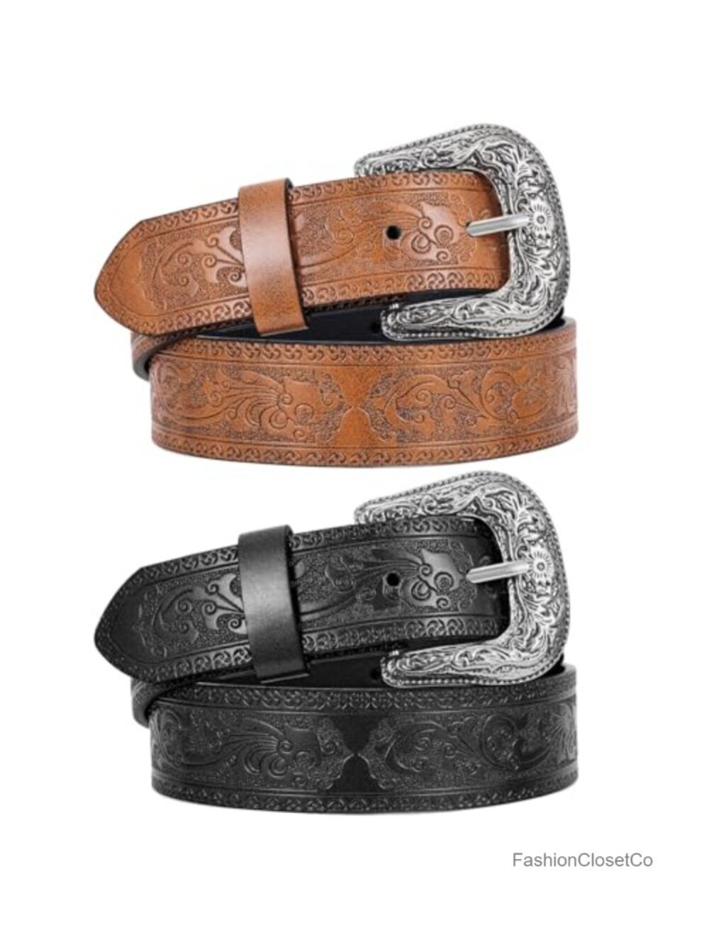 2 Pack Women Western Faux Leather Belts with Big Silver Buckle